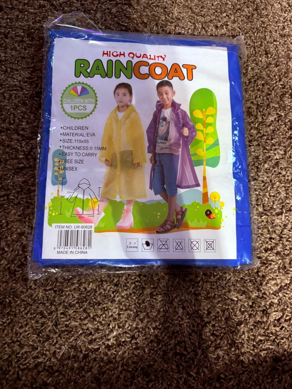 Kids Waterproof Raincoat Packable Hooded Jacket - Blue Trim